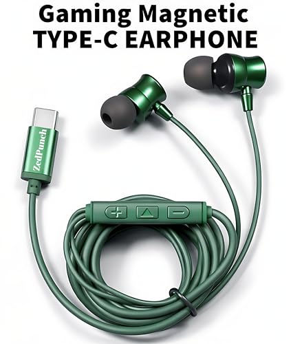 Image of Gaming Type-C Wired Earphone with Mic, 10mm Dynamic Bass Driver, Magnetic in-Ear Headphones, Low Latency Sound for Gaming, 1 Button Control, HD Calling, Voice Assistant (Green)
