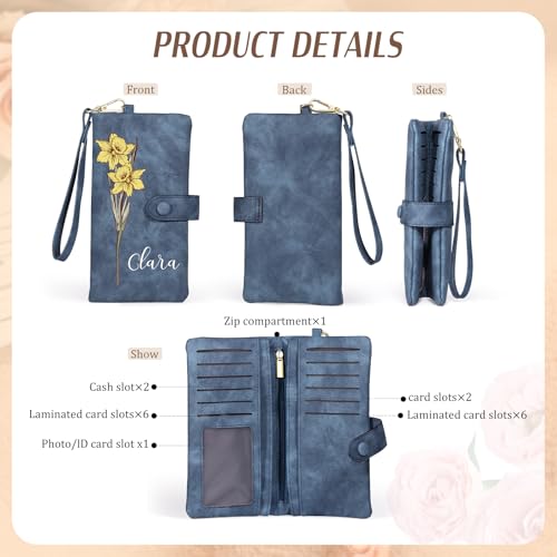 Personalized Wristlet Wallet for Women – Custom PU Leather Wallet with Name & Birthflower – Womens Wallet Purse with Gift Box – Mothers Day Gifts for Mom Her4