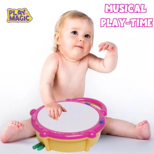 Image of PlayMagic Battery Operated 3D Flash Drum Toy for Toddlers | Flashing Lights & Musical Sound Effects | Dynamic Musical Instrument Toy with 2 Mallets | Pink | 3xAA Battery Powered (Not Included)