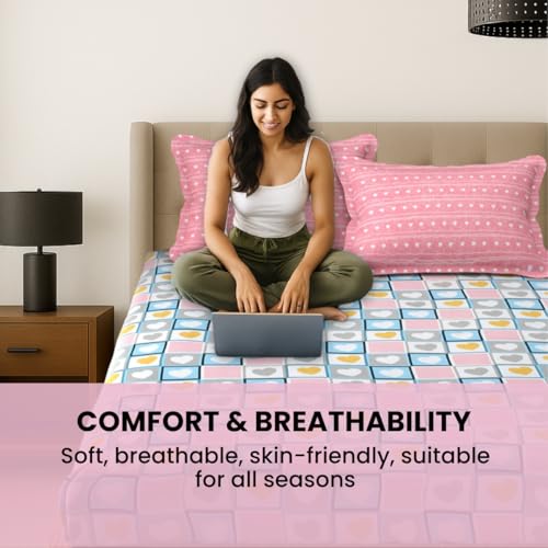 Image of MAFATLAL Plush 140 GSM Double Bed Sheet | Smooth Microfiber | Queen 90x100 | Lightweight, Soft & Vibrant | Pink & Light Blue