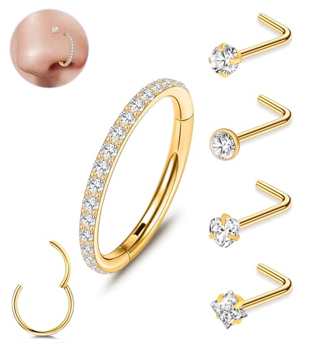 ONESING 5Pcs Gold Nose Rings for Women, 20G Nose Studs L Shaped and 18G Nose Hoops Hypoallergenic Stainless Steel Nose Piercings Jewelry Silver Nose Jewelry Septum Helix Cartilage Lip Body Piercings for Women Men