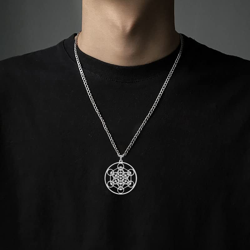 VASSAGO Metatron's Cube Necklace Stainless Steel Geometric Hollow Mesh Pendant Sacred Hexagram Religious Jewelry for Men Women (1-Silver)2