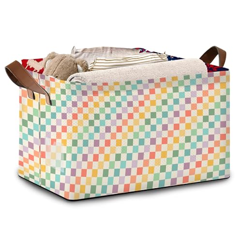 Mogifedc Collapsible Storage Bin - Foldable Fabric Organizer Basket with Handles for Home, Closet, Toy Room - Colorful Checkered Pattern (17x11.5x10.5 Inches) - Single Pack