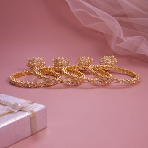 Image of Gold Plated Kundan Bangle Set for Women | Teardrop Stone Bangles with Pearl Beaded Latkan Charm Ethnic Wedding Jewellery | Bangle Set of 4 for Women & Girls
