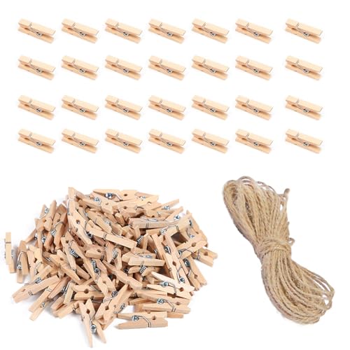 Mini Pegs - 100Pcs Mini Wooden Pegs for Photos Craft, 2.5cm Small Wooden Photo Pegs Display Clips with 5M of Jute String, Tiny Wooden Pegs for Decorative Photo Wall, DIY Decorations, Hanging Photos