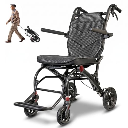 Image of SOFTFISH Transport Wheelchair with Ergonomic Seat & Pull Rod, 1s Foot-fold Wheelchairs for Adults with Foldable Armrest & Footrest, Carbon Fiber Aluminum Frame Travel Transport Chair for Seniors