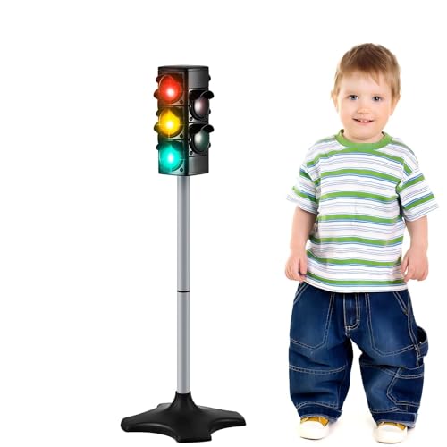 Hiboom 1 Piece 28.3 Inch Traffic Light Toy 2 in 1 Simulation Safety Traffic Indicator Crosswalk Signal with Lights and Sounds for Birthday Educational Toy Gift 4 Sides