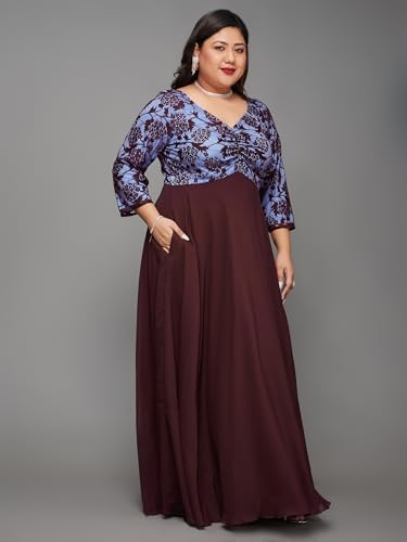 Image of Miss Chase A+ Women's Floral Printed Relaxed Fit V -Neck 3 /4Th Sleeve Georgette Maxi Dress