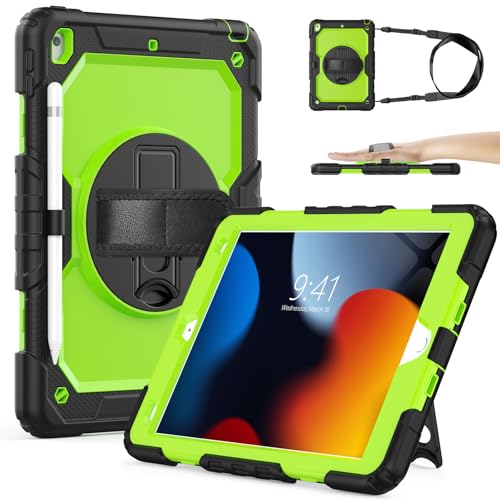 SIBEITU Case Compatible with iPad 9th/8th/7th Generation with Screen Protector Pen Holder, iPad Case 10.2 Inch, Heavy Duty Protection Cover W/Stand Hand Shoulder Strap for iPad A2602 A2197