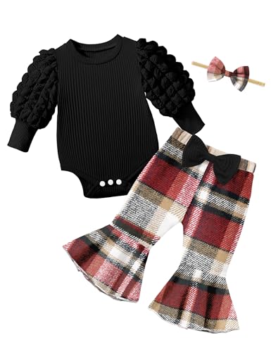 Image of NAPU Baby Girl Clothes Long Sleeve Romper 3Pcs Baby Girl Outfits Flare Pants Set with Headband Fall Baby Girl Winter Clothes