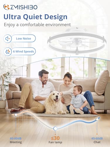Image of ZMISHIBO Ceiling Fans with Lights and Remote, 19.7'' Low Profile Ceiling Fan, 3000-6000K Dimmable Modern Flush Mount LED Fan Light, 6 Wind Speeds, White Fandelier Ceiling Fans for Bedroom