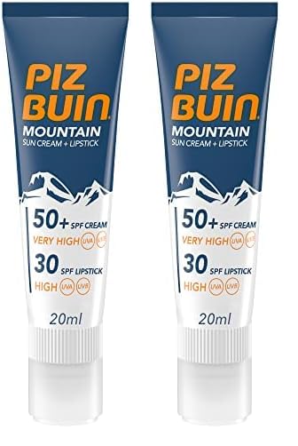 Piz Buin Mountain Sun Cream 50 SPF + Lipstick 30 SPF (20 ml), producto 2 en 1 con protección solar para deportes de alta montaña, protector solar facial 50 y protector labial 30 (Paquete de 2)