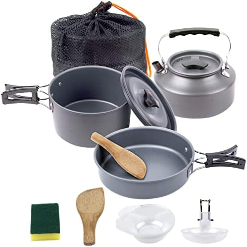 Outdoor Camping Cookware Set with Pot Pan and Kettle，Camping Cookware Mess Kit Portable Hiking Backpacking Cooking Pot Set Survival Cooking Gear Lightweight Cookware（A-Black）