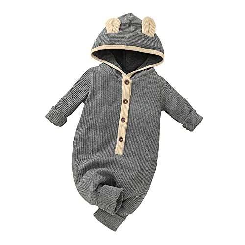 Image of Chyrbaby Infant Baby Girl Boy Clothes Unisex Baby Romper Knit Hoodie Ribbed Jumpsuit Solid Bodysuit