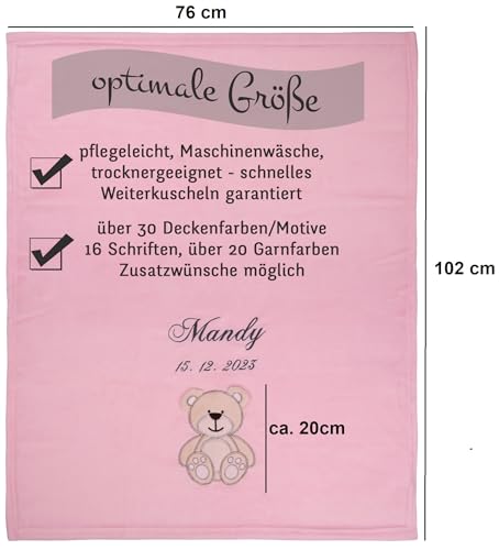 Wuff-Dogsworld Kuschlige Babydecke SUPER FLAUSCHIG Bestickt mit Namen und Datum Viele Farben zur Geburt für Jungen & Mädchen, Personalisierte Geschenke Baby, Babydecke personalisiert