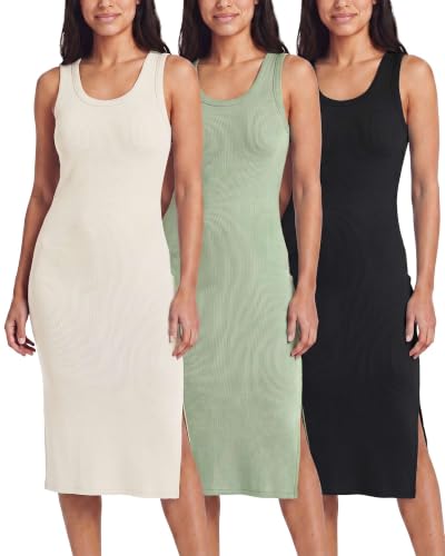 Image of Real Essentials 3 Pack: Women's Ribbed Knit Sleeveless Crew Neck Tank Casual Midi Shift Dress with Slit