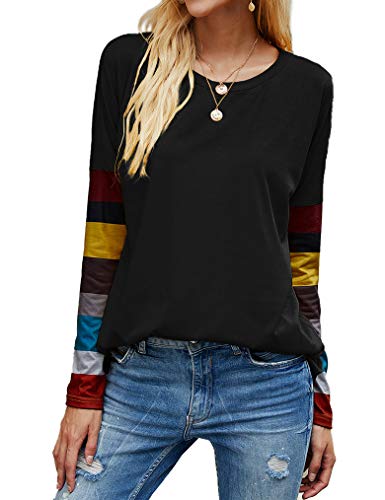 Tobrief Womens Juniors Cute Contrast Color Long Sleeve Patchwork Tunic Tops Blouse and Shirts Black S