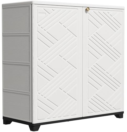 KINYING Outdoor Storage Cabinet Waterproof 60 Gallon Resin Outdoor Storage Shed for Patio/Garden/Backyard Outdoor Storage Box for Cushions Garden Tools and Pool Supplies(White with 1 Shelving)