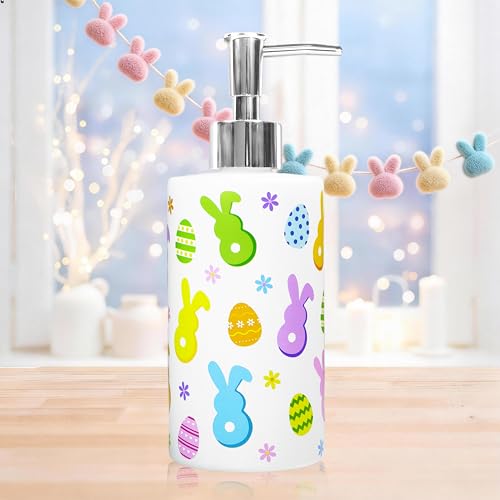 Mezeathos Bunny Soap Dispenser Easter Glass Dispenser with Silver Pump Full Pattern Rabbit Egg Flower Refillable Liquid Soap Container for Spring Kitchen Farmhouse Home Bathroom Countertop Decor