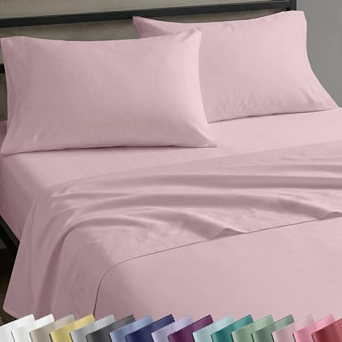 Image of California Design Den Queen Sheet Set - Natural 100% Cotton Bed Sheets Queen Size Bed Set with Deep Pockets, Soft Sateen Weave, Breathable and Durable Bedding (Pink)