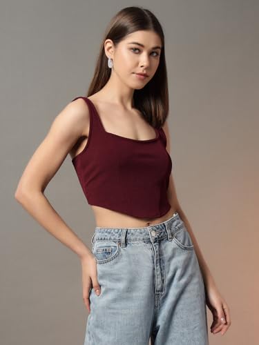 Image of Trend Arrest.ed Women's Stretchable Corset Style Crop Top | Square Neck Sleeveless Zipper Back Body-Hugging Fit | Casual