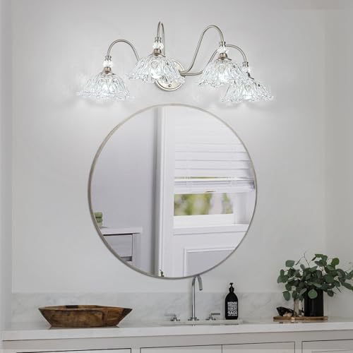 Image of Brushed Nickel Bathroom Vanity Light, 4-Light Vanity Light with Floral Clear Glass Shades, Brushed Nickel Wall Mount Lighting for Bathroom, Dressing Table