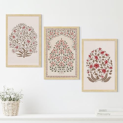 Image of ArtX Paper Madhubani Floral Paintings with Frame for Home Decor Wall Art, Wall Paintings for Living Room, Multicolor, Natural Wood Color Frames, 12.0x18.0 inch, Set of 3