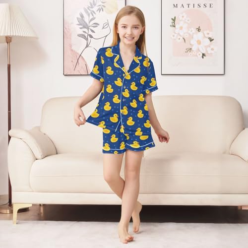 Yellow Cute Ducks Summer Satin Pajama Set, Cute Button-Down Sleepwear Pj Set for Sleep Wears3