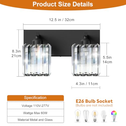 Image of Black Crystal Bathroom Vanity Light, 2-Light Modern Bathroom Lighting Fixtures Over Mirror, Matte Black Wall Sconce with Square Shade