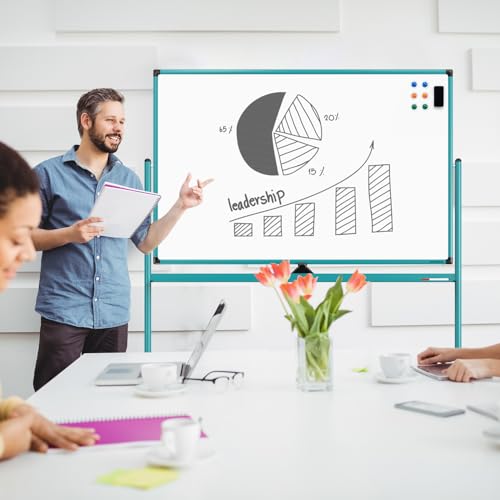 Image of Large Dry-Erase Rolling Magnetic Whiteboard - 48 x 32 Inches Dry Erase Board with Stand Height Adjust Double Sides Mobile White Board Easel on Wheels with 25 Sheets Paper Pad Office, Home & Classroom