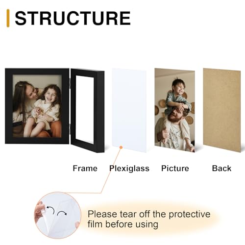 decorUhome Double 4x4 Picture Frame Vertical, Engineered Wood Bifold Photo Frame with Plexiglass for Tabletop Display, 4x4, Black