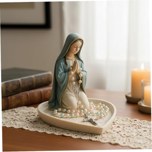 Soporte para rosario, elegante estatua de resina de la Santísima Madre María para oración, decoración religiosa católica del hogar y presente, estatua compacta de altar de escritorio, uso doméstico