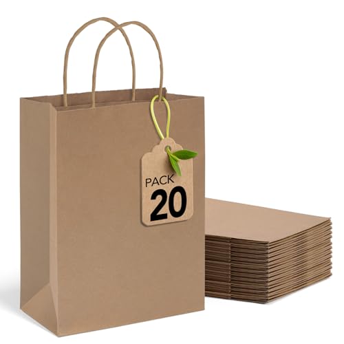 MESHA Brown Paper Bags 8x4.25x10.5 Inch 20Pcs, Paper Bags with Handles, Sturdy Brown Gift Bags for...