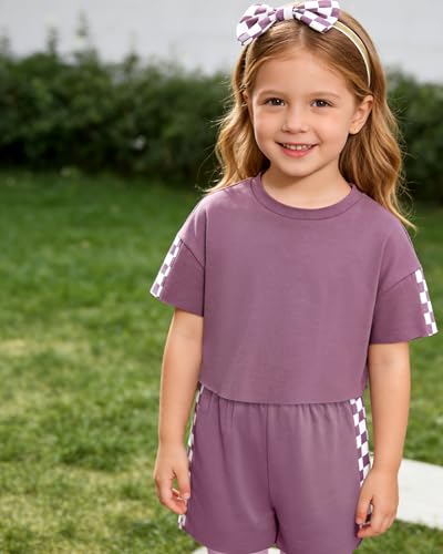 Image of SANMIO Toddler Girl Clothes Summer 3 Piece Outfits Cute | Short Sleeves Checkered Tops Shorts and Headband Girls Clothing Set