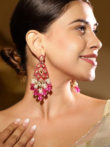 Image of Rubans Long Dangler Earrings Kundan & Pearl Ethnic Jewellery Gift for Women & Girls