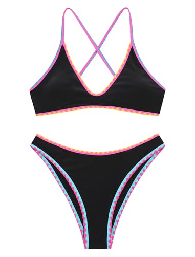 Image of ZAFUL Women's Tie Back Padded High Cut Bralette Bikini Set Two Piece Swimsuit