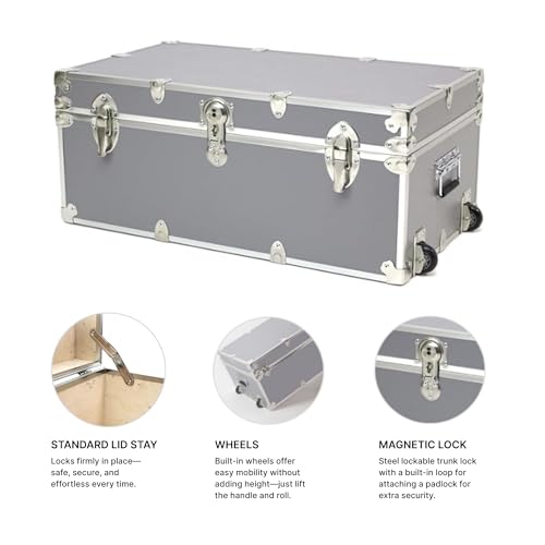 Image of Rhino Trunk & Case Large Essential Trunk With Wheels 32 inchx18 inchx14 inch, 1000+ lbs Capacity - Many Colors. Strong, USA Made Summer Camp Footlocker, and Secure College Dorm Storage Chest