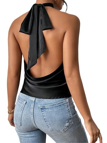 QJQ Women's Satin Silk Halter Tops Backless Low Open Back Sleeveless Summer Going Out Camisole Top