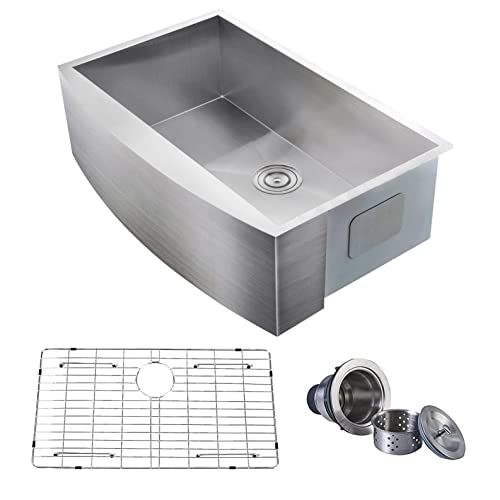 Comllen Commercial 33 Inch 304 Stainless Steel Farmhouse Sink, Single Bowl Kitchen Sink 16 Gauge 9 Inch Deep Handmade Undermount Kitchen Apron Sink Farm Sink