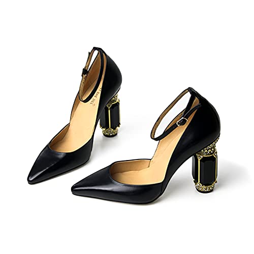 FSJ Women's Comfortable Block High Heels Pointed Toe Rhinestone Pumps Ankle Strap Leather Ladies Dress Shoes Size 4-15 US4