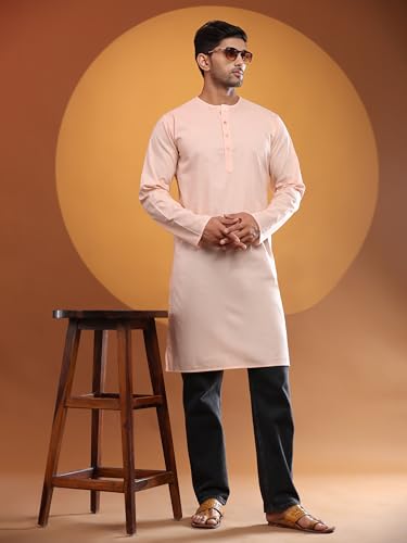 Image of Amazon Brand - Anarva Men's Cotton Solid Round Neck Kurta Long Sleeves Straight Knee Length Casual Shirt