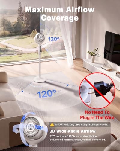 Image of 12000mAh Battery Powered Air Circulator Fan, 3-in-1 Height Adjustable Floor /Table /Desk Oscillating Pedestal Fan with LED Light, 20dB Quiet Cordless Rechargeable Cooling Fan for Bedroom Outdoor