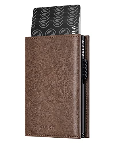 Image of VULKIT Card Holder Wallet with Coin Pocket Magnetic Closure Pop Up Cards With ID Window Leather Wallet for Cash & Credit Cards, Grain Espresso