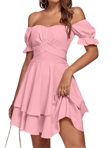 LYANER Women's Off Shoulder Tie Back Wrap Layer Ruffle Short Sleeve Mini Dress Solid Pink Medium