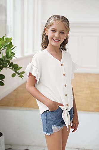 Girls Ruffle Short Sleeve Shirts V Neck Tie Front Knot Tops Button Cute Tunic Shirts Blouse2