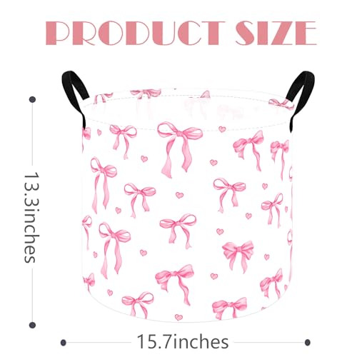 Image of MAIZMZ 3 Pack Pink Bow Storage Basket for Girls Room, 15.7 x 13.3 Inch Round Laundry Basket with Handles,Foldable Toy Organizer Bin with Water-Resistant Lining for Nursery, Bedroom, Gifts