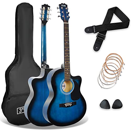 3rd Avenue 4/4 Westerngitarren-Set in Normalgröße mit Cutaway, für Anfänger – 6 Monate KOSTENLOSER Unterricht, Tasche, Gurt, Plektren und Ersatzsaiten – in Blau
