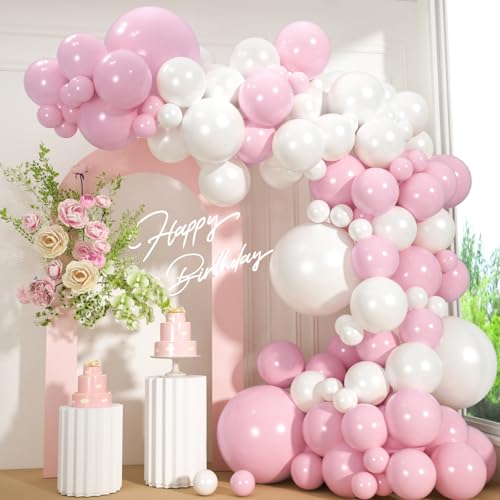 110pcs Pink and Pearl White Balloons Garland Arch Kit 18/12/10/5 Inch Pastel Pink White Latex Balloons for Baby Showers Princess Birthday Wedding & Bachelorette Party Decorations