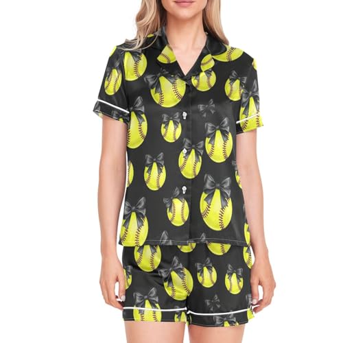 Image of Womens Silk Satin Pajamas Set Western Theme Womens Short Sleeve Shorts Set 2 Piece Sleepwear Lounge Set S-XXL