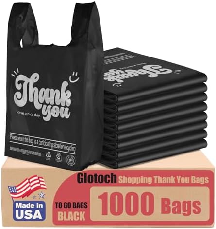 Glotoch 1000 Count Plastic Thank You T-shirt Bags Black, 11.5